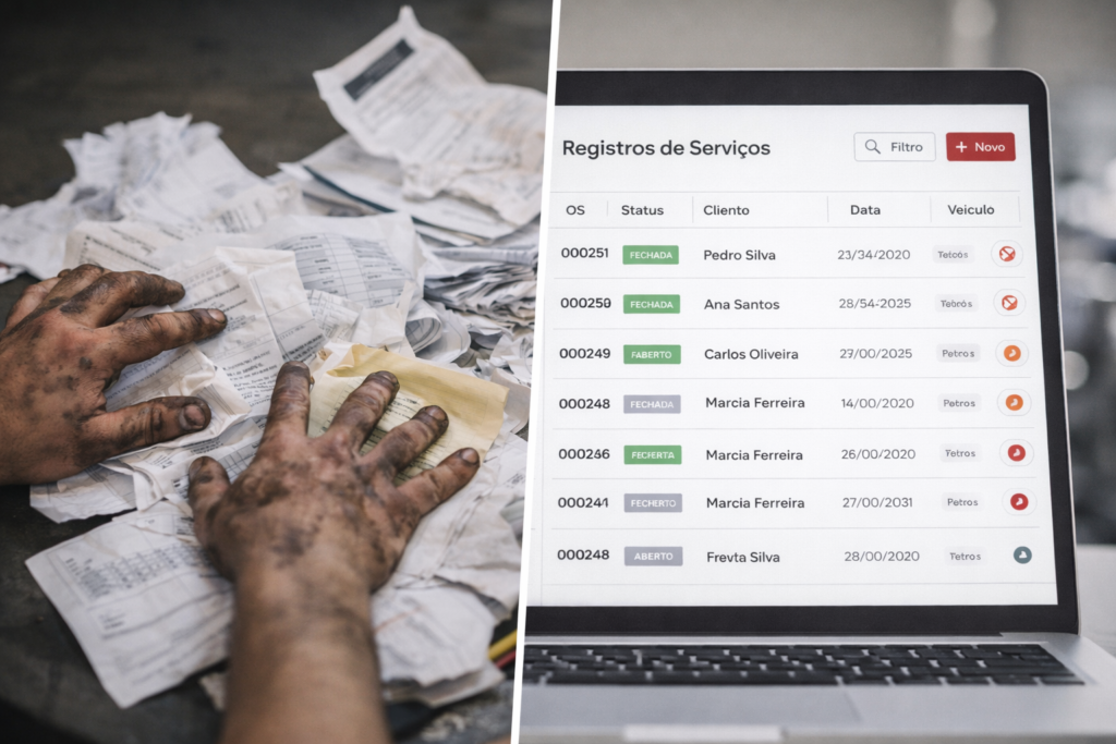 Comparação entre a desorganização de fichas de papel e a eficiência do registro de serviços digital em oficina mecânica.