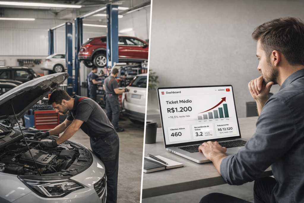 Gestor analisando ticket médio em dashboard digital enquanto oficina movimentada aparece ao fundo