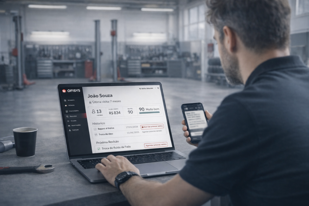 Gestor de oficina utilizando sistema com histórico de cliente e enviando mensagem de follow-up pelo celular