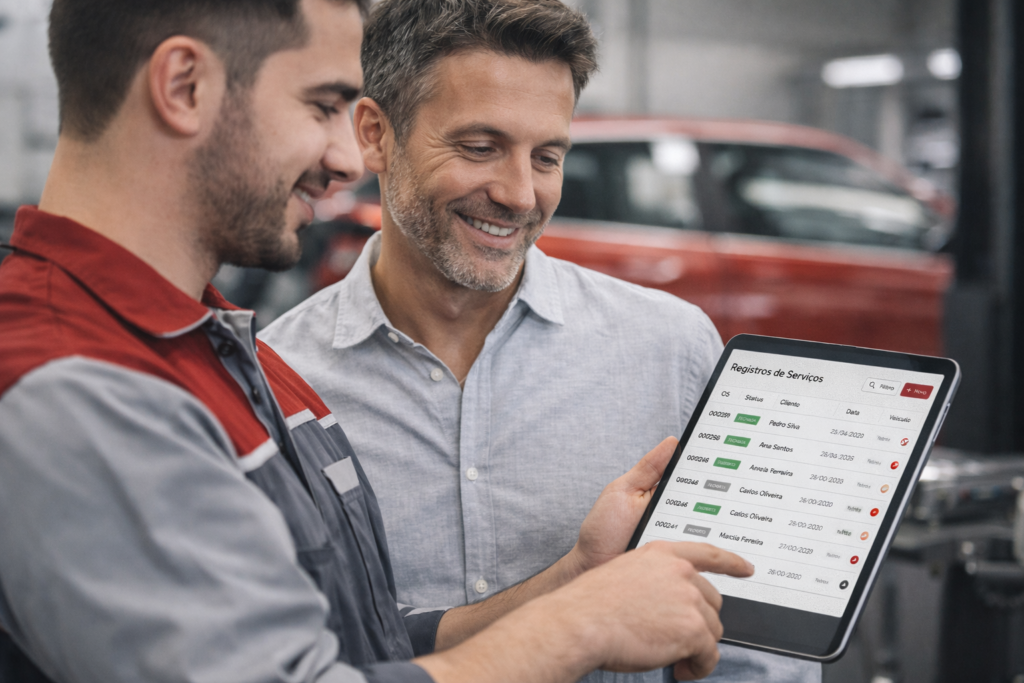 Mecânico utilizando a ficha de acompanhamento mecânico para explicar serviços preventivos ao cliente, gerando confiança.