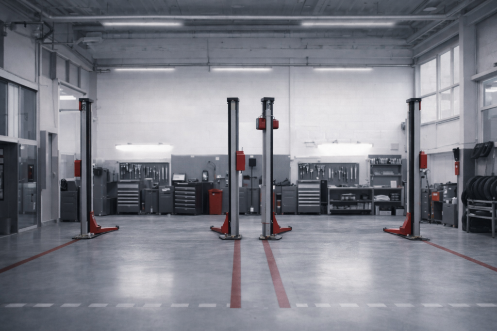 Oficina mecânica organizada com boxes vazios representando baixa taxa de retorno de clientes