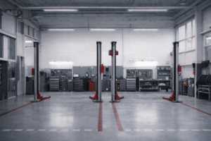 Oficina mecânica organizada com boxes vazios representando baixa taxa de retorno de clientes