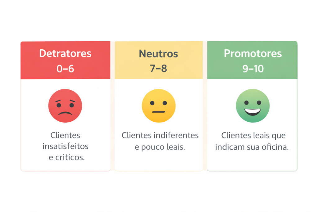 Classificação NPS oficina mecânica promotores neutros detratores