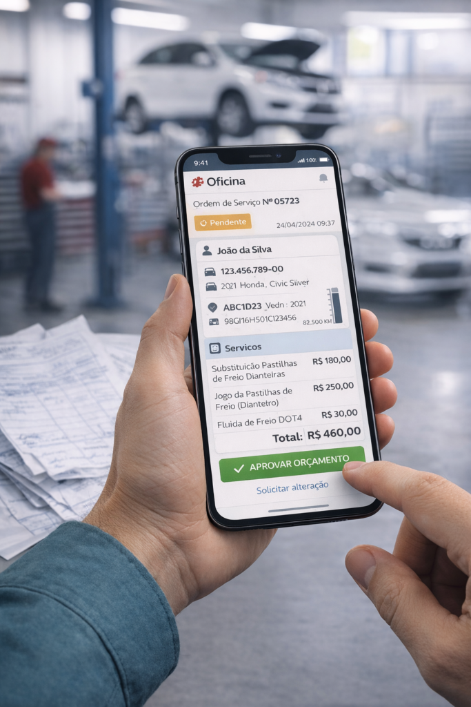 Cliente aprovando ordem de serviço digital da oficina no celular.