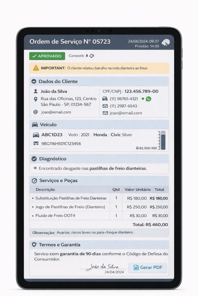 Exemplo de ordem de serviço digital no software Ofisys com lista de peças e serviços.