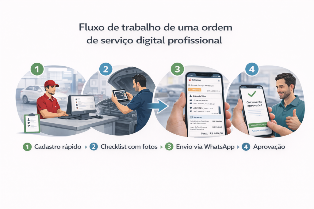 Fluxo de trabalho de uma ordem de serviço digital profissional.