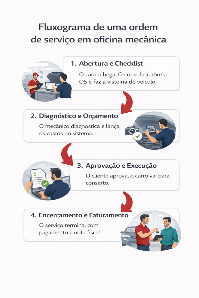 Fluxograma de uma ordem de serviço em oficina mecânica mostrando as etapas de entrada até a saída.