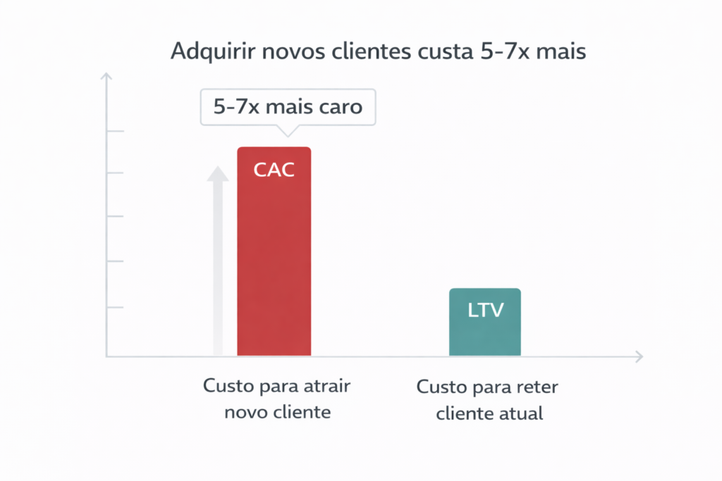 Gráfico comparando custo de aquisição de novos clientes e retenção em oficinas.