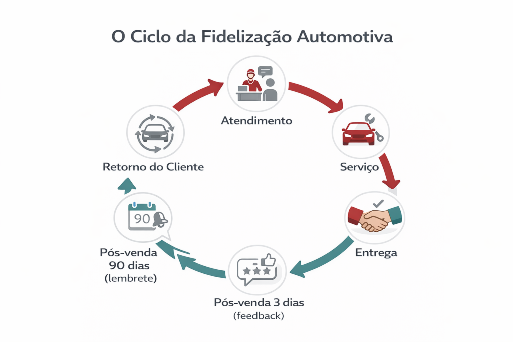 Infográfico sobre o ciclo de fidelização de clientes em oficina mecânica mostrando o retorno recorrente