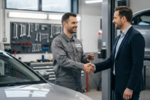 Mecânico cumprimentando cliente satisfeito após serviço, ilustrando o sucesso do NPS na oficina mecânica