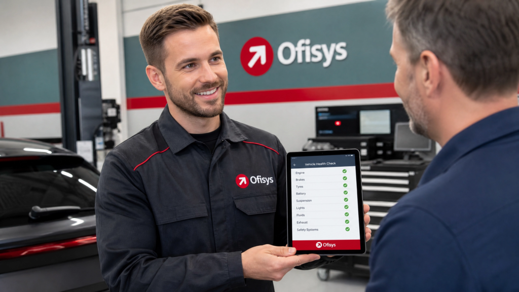 Mecânico utilizando checklist de oficina mecânica em um tablet durante a vistoria de entrada do veículo.