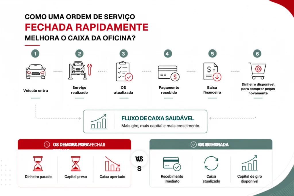 Infográfico explicando como o fechamento rápido da ordem de serviço melhora o fluxo de caixa e o capital de giro da oficina mecânica.